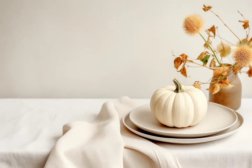 Mesa con mantel de lino claro, platos apilados y flores secas en un jarrón
